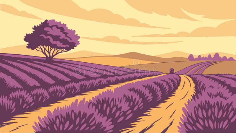 Lawenda krajobraz fioletowy kwiaty Provence sceneria francuski wektor krajobrazowy Generative AI ilustracji
