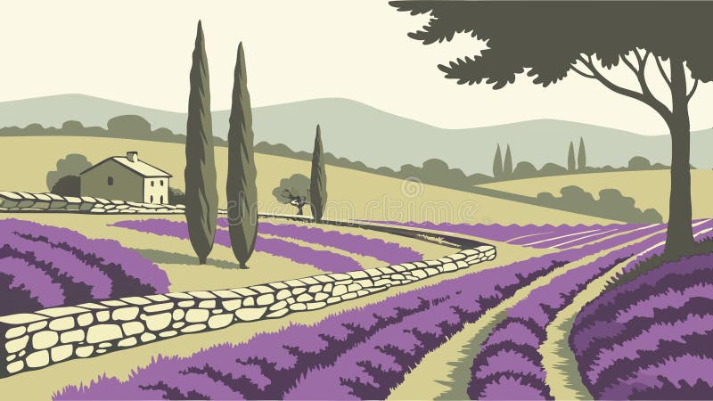 Lawender field cypress drzewa Provence krajobraz francuski krajobraz krajobrazowy projektowanie wektora krajobrazowego Generative ilustracji