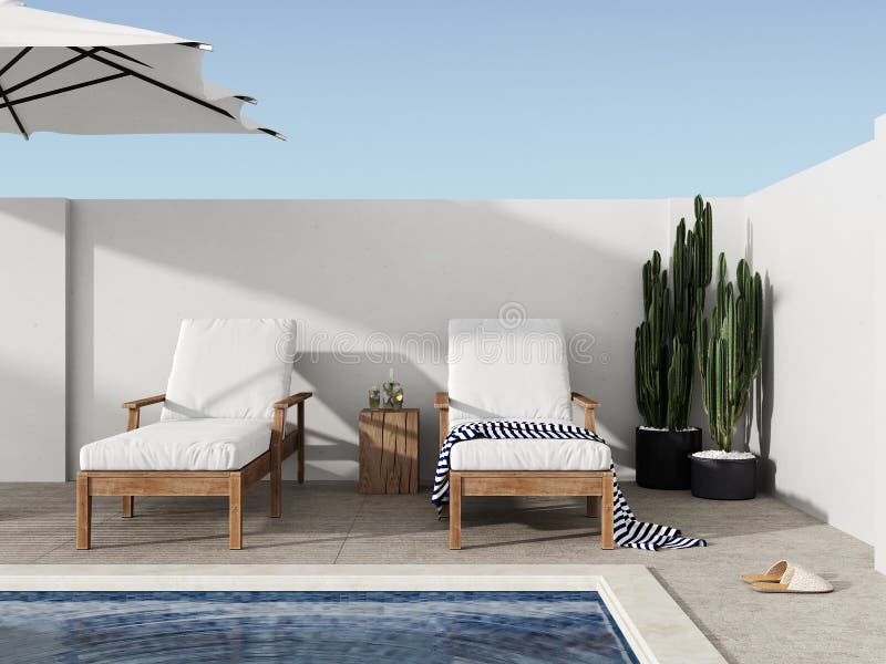 Lawn Chairs Overlooking Backyard and Swimming Pool, 3d Rendering Stock