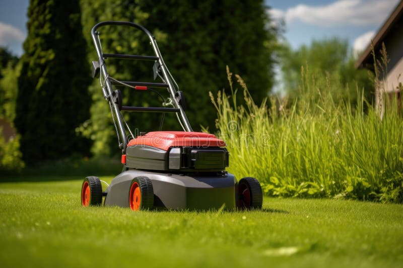 A Lawn Mover on Green Grass in Modern Garden. Machine for Cutting Lawns