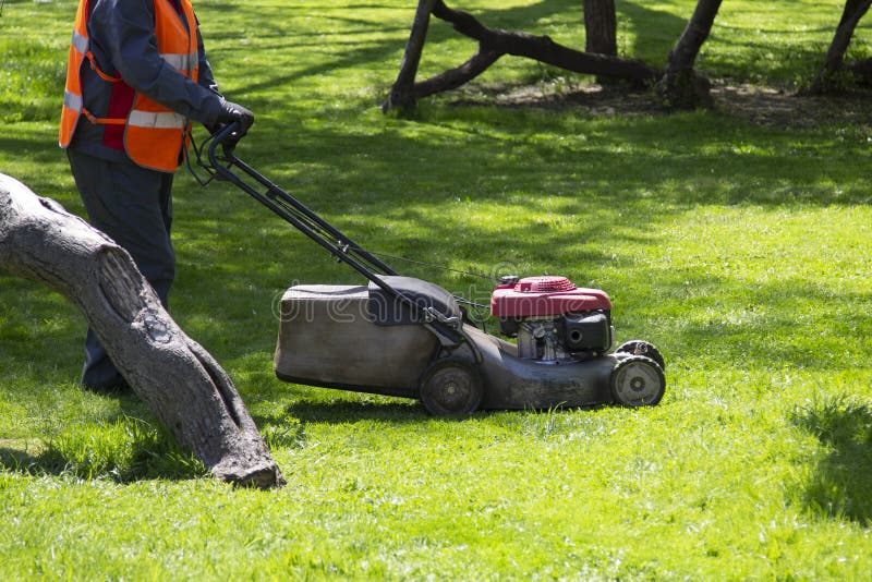 Lawn Mower. Municipal Services are Engaged in Mowing Lawns Stock Image