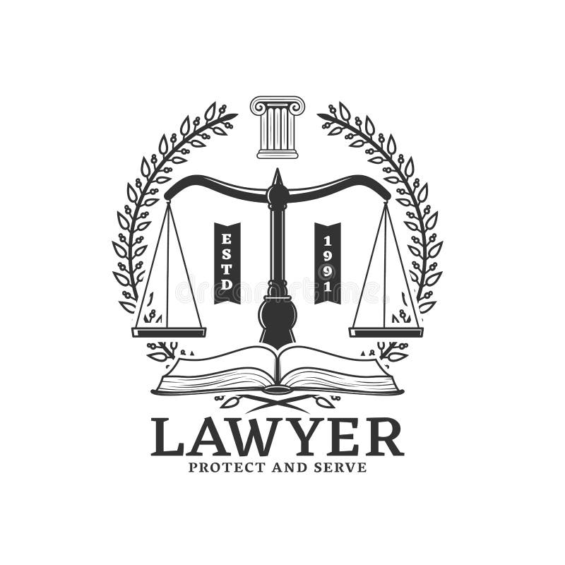 Lawyer Icon, Justice Scales, Laurel Wreath Emblem Stock Vector ...