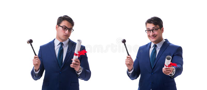 The lawyer law student with a gavel isolated on white background royalty free stock images The lawyer law student with a gavel isolated on white background royalty free stock images