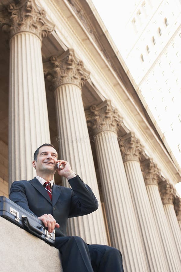 Lawyer Using Mobile Phone Outside Courthouse Stock Image Image of