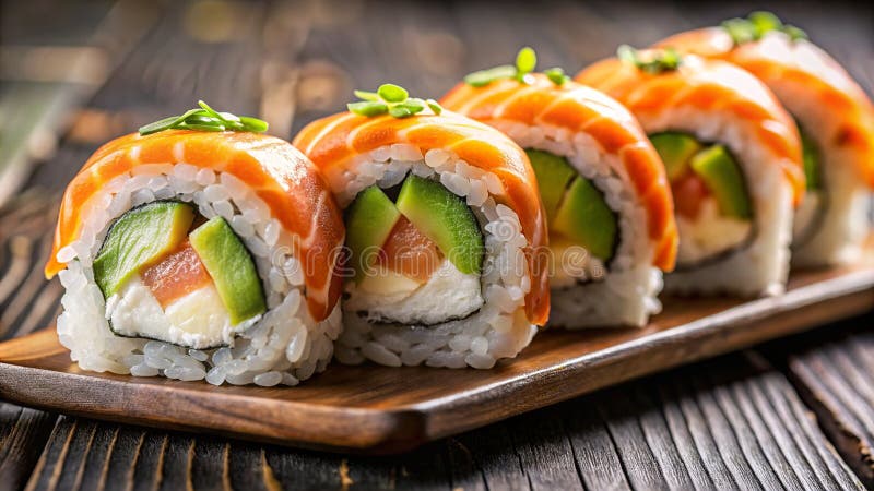 Lax avocado sushi-rullar med utsökt innehåll från kulinarialkonst vektor illustrationer