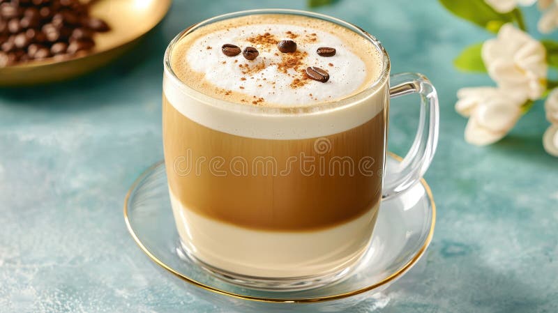 Layered Coffee Drink with Creamy Texture and Coffee Beans stock photos