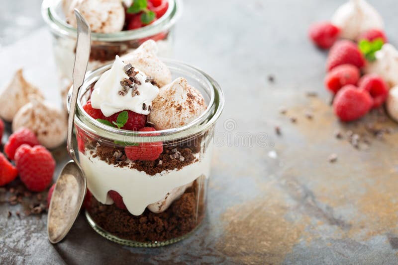 Layered Dessert with Chocolate Cake and Whipped Cream Stock Image