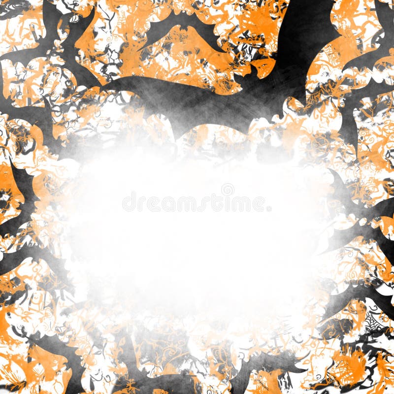 Layered effect of black,orange and white colors in hand drawn spooky clutter, flying bats, spider webs and other elements, unique and creative original grunge edge in frame design, with foggy effect in center for text. Spiderwebs illustrations