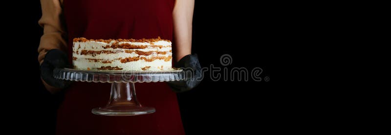 Layered honey cake on a wooden table banner. woman confectioner hold honney dessert cake on black isolated background. gloved