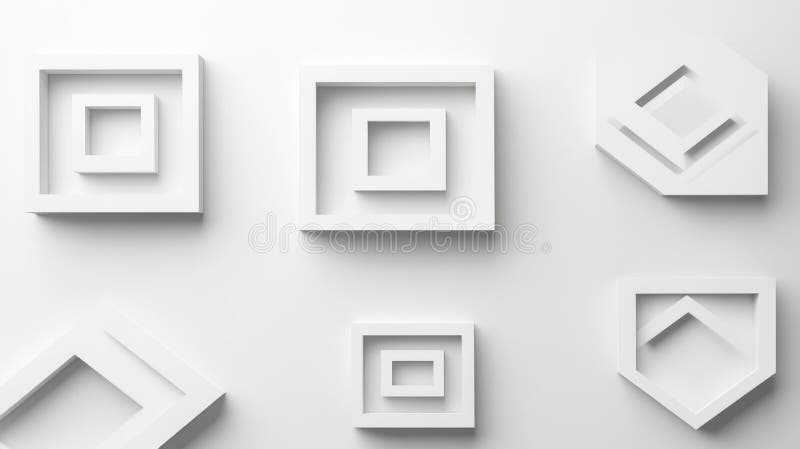 Layered squares and diamond shapes in perspective form a complex abstract white geometric design royalty free stock photo