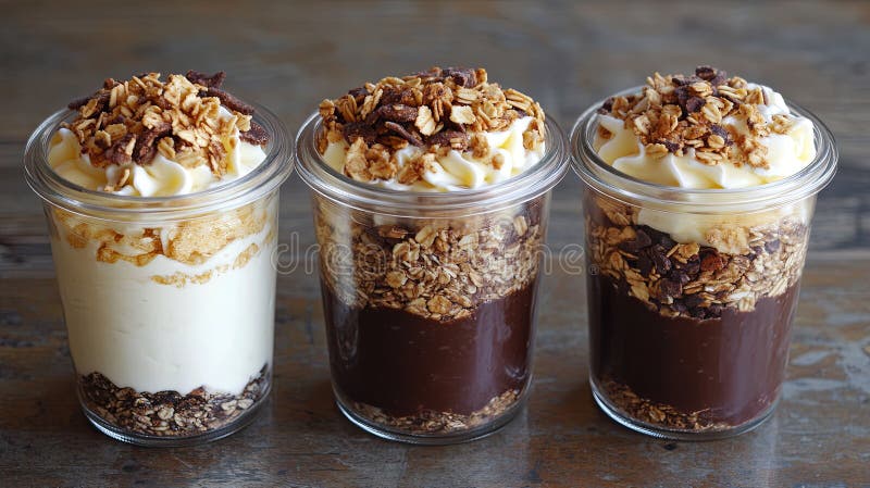 Layered yogurt and granola in clear jars. royalty free stock photography