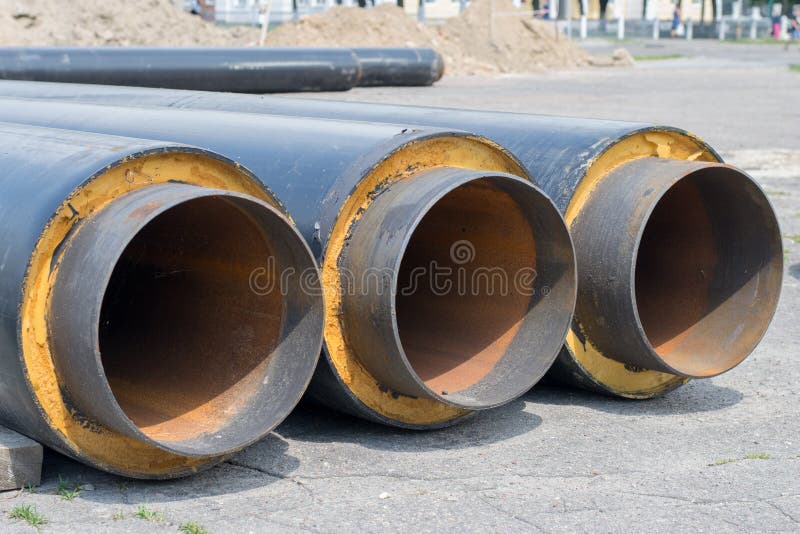 Laying of Largediameter Metal Pipes To Replace the Heating Main Stock Photo Image of