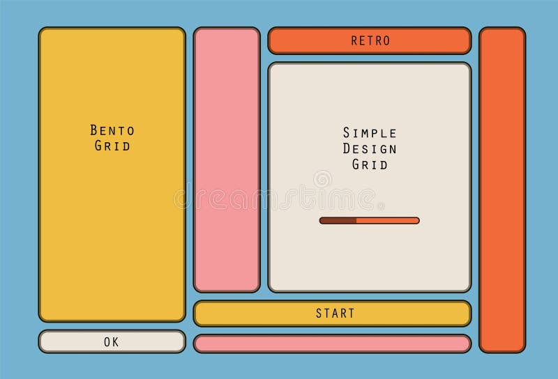 Layout dell'interfaccia utente retro-bento a colori nello stile anni Novanta ideale per moderne interfacce web o per applicazioni. Layout dell'interfaccia utente retro-bento colorato nello stile anni 90 ideale per moderne interfacce web dashboard o applicazioni digitali riproducenti con semplici elementi di design e pannelli arrotondati. Illustrazione vettoriale