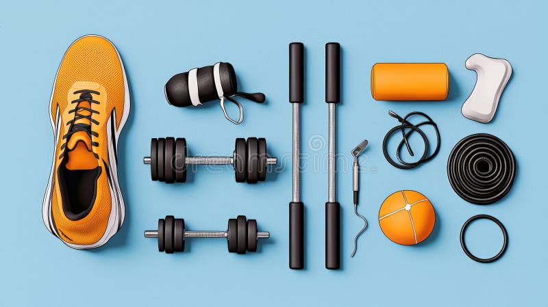 Layout der Trainingsgeräte auf blauem Hintergrund. generative Hilfe