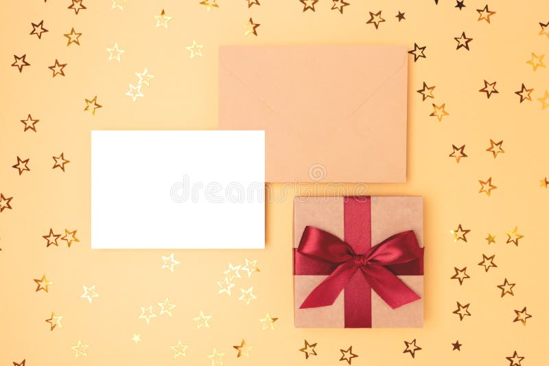 Layout of Empty Paper Card, Envelope and Gift Box with Red Ribbon