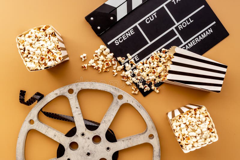 Layout of Film Reel with Popcorn and Clapperboard. Cinema Concept Stock Photo Image of board
