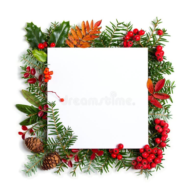 Layout made of Christmas tree branches and paper card note frame on white background. Mockup, flat lay