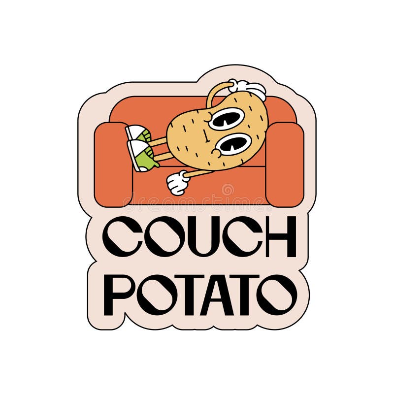 Lazy couch potato retro cartoon character snoozing on a erd sofa with typographic text in 90s vintage style. Hand rdawn royalty free illustration