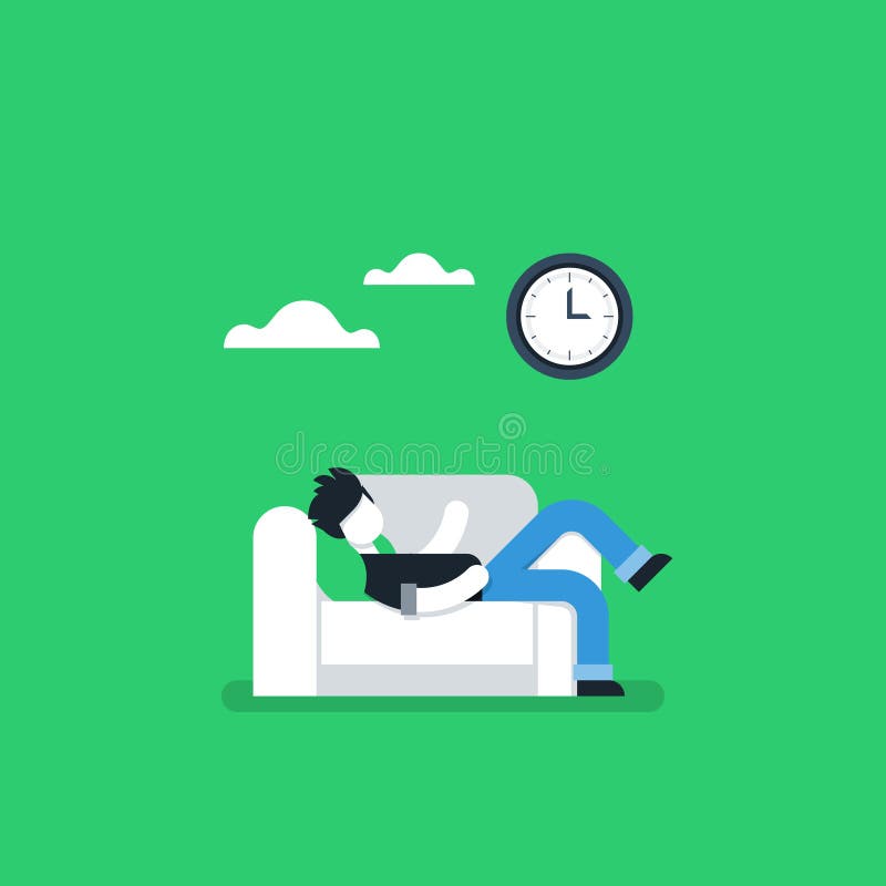 Lazy person resting on sofa, procrastination habit. Procrastination concept, lazy man on sofa, couch potato, tired person, lying down on back, passive time royalty free illustration Lazy person resting on sofa, procrastination habit. Procrastination concept, lazy man on sofa, couch potato, tired person, lying down on back, passive time royalty free illustration
