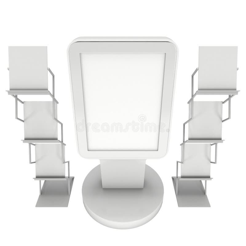 LCD Display Stand and Magazine Rack. Blank Trade Show Booth. 3d render isolated on white background. High Resolution image. Ad template for your expo design.