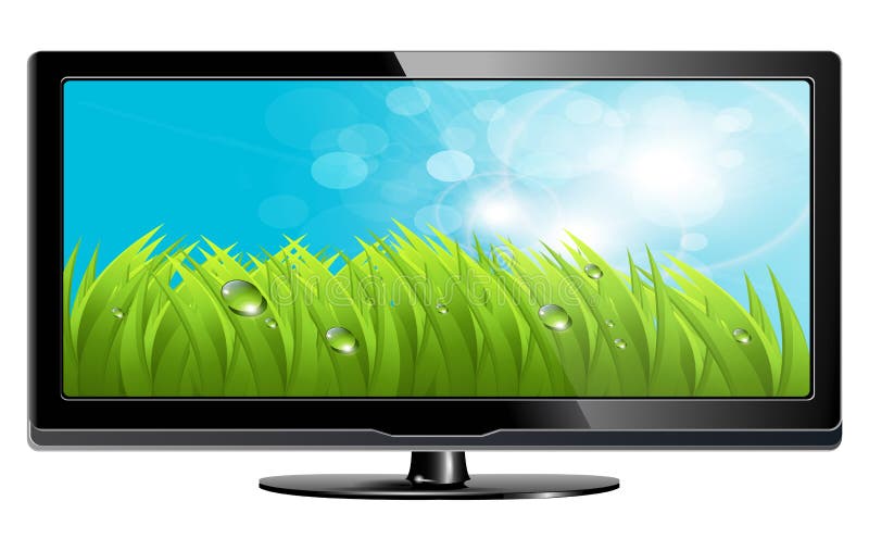 Lcd plasma tv with fresh grass on screen, realistic vector illustration. Lcd tv vector vectors