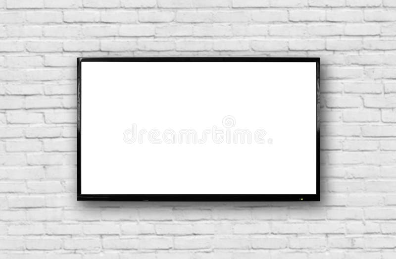 LCD TV met een dun zwart kader die op een witte bakstenen muur hangen Het lege witte scherm Ge?soleerdj op witte achtergrond royalty-vrije stock afbeeldingen LCD TV met een dun zwart kader die op een witte bakstenen muur hangen Het lege witte scherm Ge?soleerdj op witte achtergrond royalty-vrije stock afbeeldingen