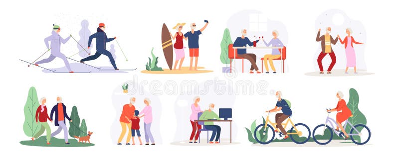 ?ldre folk Äldre folk för hög för farfarfarmorpar som farmor för sport turist- går rinnande cykla vektor illustrationer