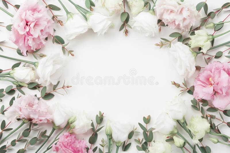 Le beau cadre floral des fleurs et de l'eucalyptus en pastel part sur la vue supérieure blanche de table style plat de configurat image libre de droits