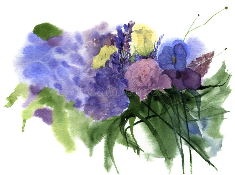 Le bouquet de mariage de vintage d'aquarelle des fleurs avec s'est levé, lilas, fleur d'oeillet et feuilles Fond floral pour la c illustration stock Le bouquet de mariage de vintage d'aquarelle des fleurs avec s'est levé, lilas, fleur d'oeillet et feuilles Fond floral pour la c illustration stock