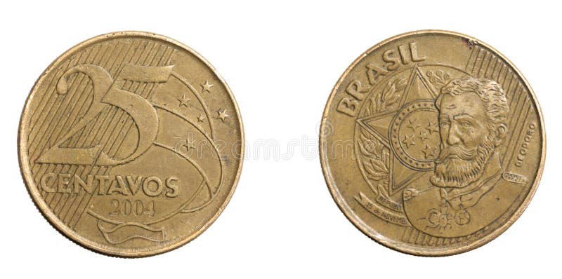 Brazil twenty five centavos coin on a white isolated background. Brazil twenty five centavos coin on a white isolated background.