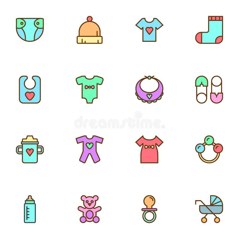 Baby related items filled outline icons set, line vector symbol collection, linear colorful pictogram pack. Signs, logo illustration, Set includes icons as diaper, clothes, teddy bear toy, safety pin. Baby related items filled outline icons set, line vector symbol collection, linear colorful pictogram pack. Signs, logo illustration, Set includes icons as diaper, clothes, teddy bear toy, safety pin