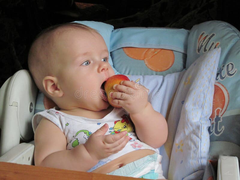 Le bébé, sans dents, veut mordre une pomme images libres de droits Le bébé, sans dents, veut mordre une pomme images libres de droits