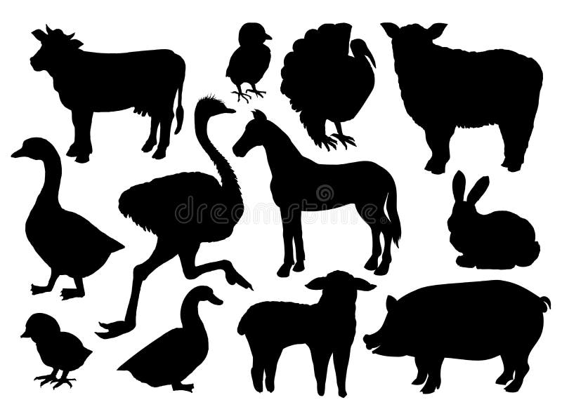 Farm animals livestock vector black silhouettes isolated on white. Cow, sheep, pig, horse, ostrich, duck, rabbit, goose, turkey bird and lamb, handdrawn icons. Farm animals livestock vector black silhouettes isolated on white. Cow, sheep, pig, horse, ostrich, duck, rabbit, goose, turkey bird and lamb, handdrawn icons