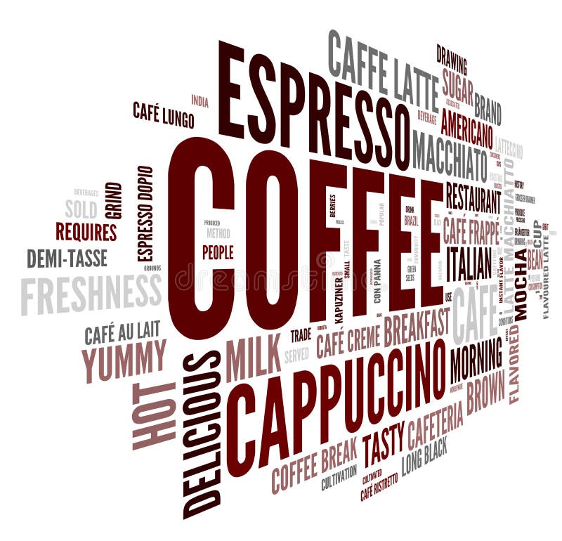 Coffee words concept in tag cloud on white background. Coffee words concept in tag cloud on white background