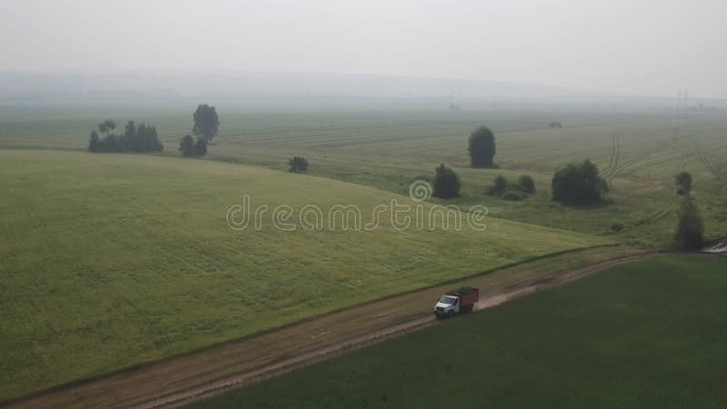 Le camion de vue aérienne conduit la culture d'alimentation fraîchement coupées à cultiver sur la route de campagne à travers le c