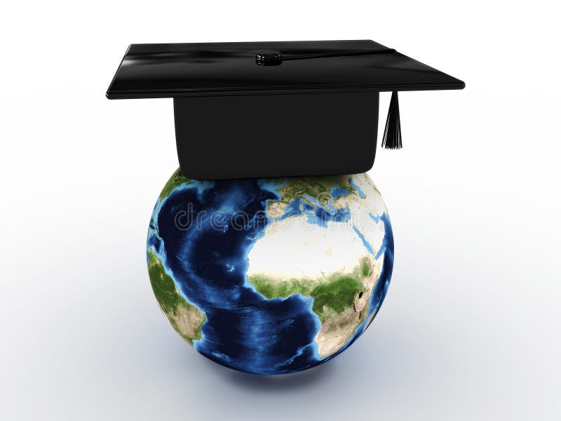 Le capuchon du maître pour des diplômés dans le globe. 3D illustration libre de droits Le capuchon du maître pour des diplômés dans le globe. 3D illustration libre de droits