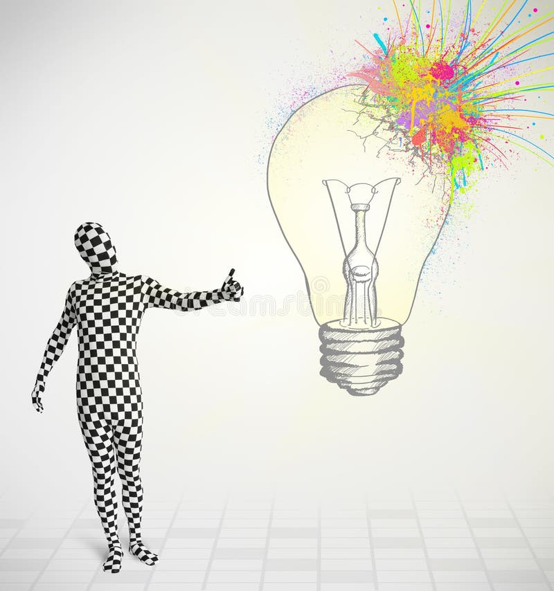 3d human character is body suit morphsuit looking at abstract colorful lightbulb. 3d human character is body suit morphsuit looking at abstract colorful lightbulb