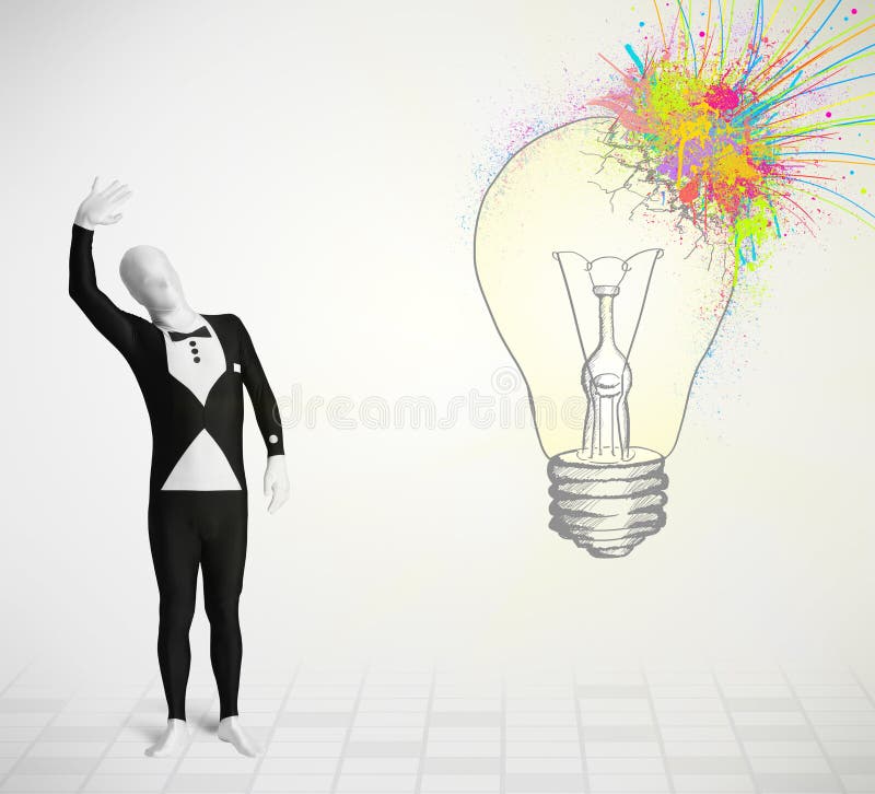 3d human character is body suit morphsuit looking at abstract colorful lightbulb. 3d human character is body suit morphsuit looking at abstract colorful lightbulb