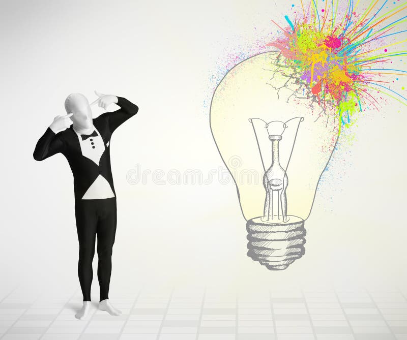 3d human character is body suit morphsuit looking at abstract colorful lightbulb. 3d human character is body suit morphsuit looking at abstract colorful lightbulb