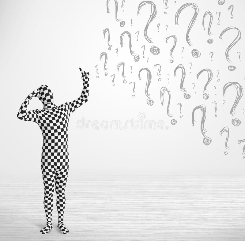 3d human character is body suit morphsuit looking at hand drawn question marks. 3d human character is body suit morphsuit looking at hand drawn question marks