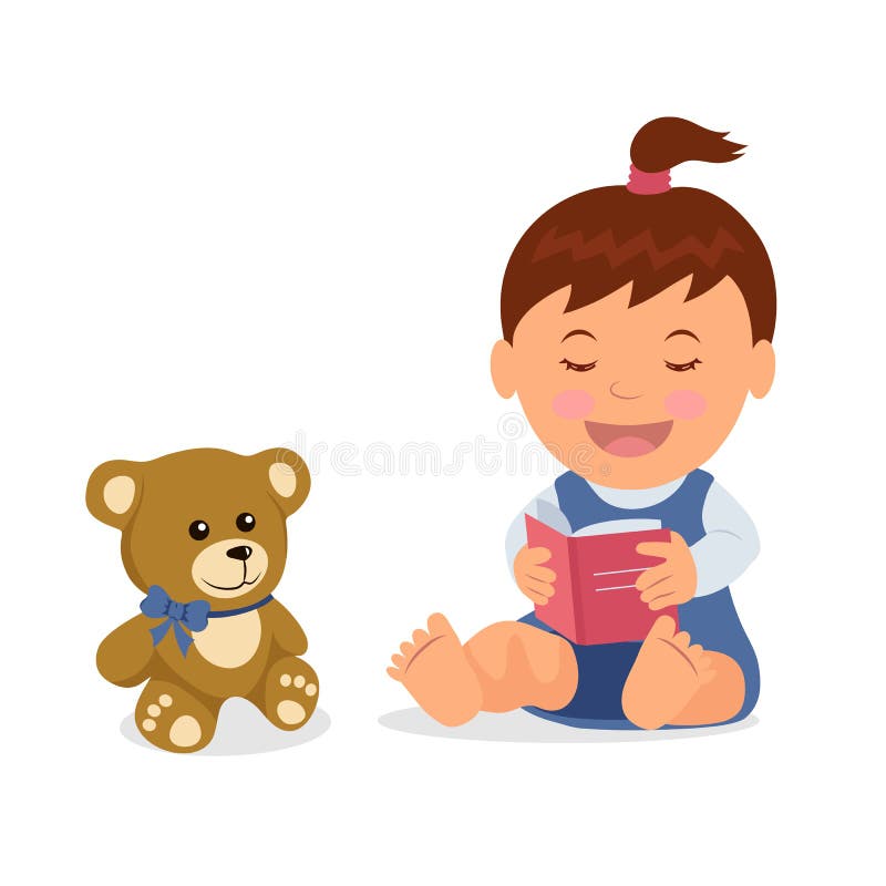 Cute girl reading a book to his teddy bear. Isolated toddler character is reading a book while sitting on the floor in a flat style. Cute girl reading a book to his teddy bear. Isolated toddler character is reading a book while sitting on the floor in a flat style.