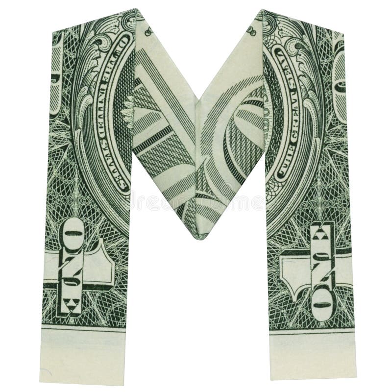 Le caractère de la lettre m d'origami d'argent s'est plié avec le vrai un billet d'un dollar isolée sur le fond blanc