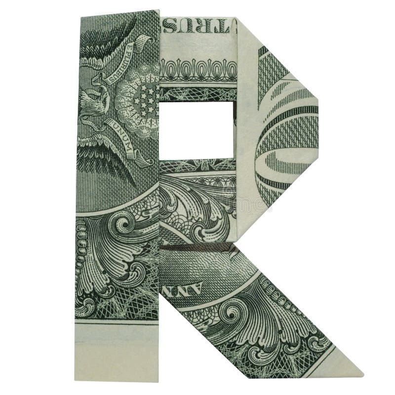 Le caractère de la lettre r d'origami d'argent s'est plié avec le vrai un billet d'un dollar isolée sur le fond blanc