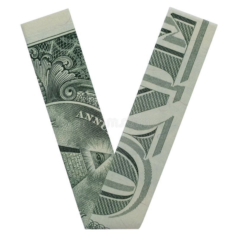 Le caractère de la lettre v origami d'argent s'est plié avec le vrai un billet d'un dollar isolé
