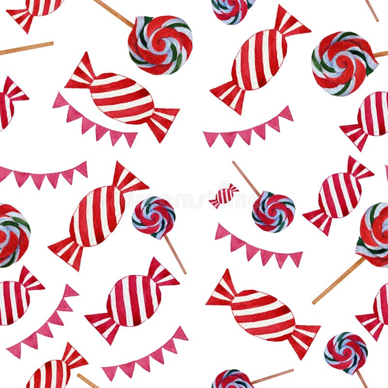 Le caramelle variopinte e le bandiere dell'acquerello senza cuciture modellano gli elementi isolati su fondo bianco illustrazione vettoriale Le caramelle variopinte e le bandiere dell'acquerello senza cuciture modellano gli elementi isolati su fondo bianco illustrazione vettoriale