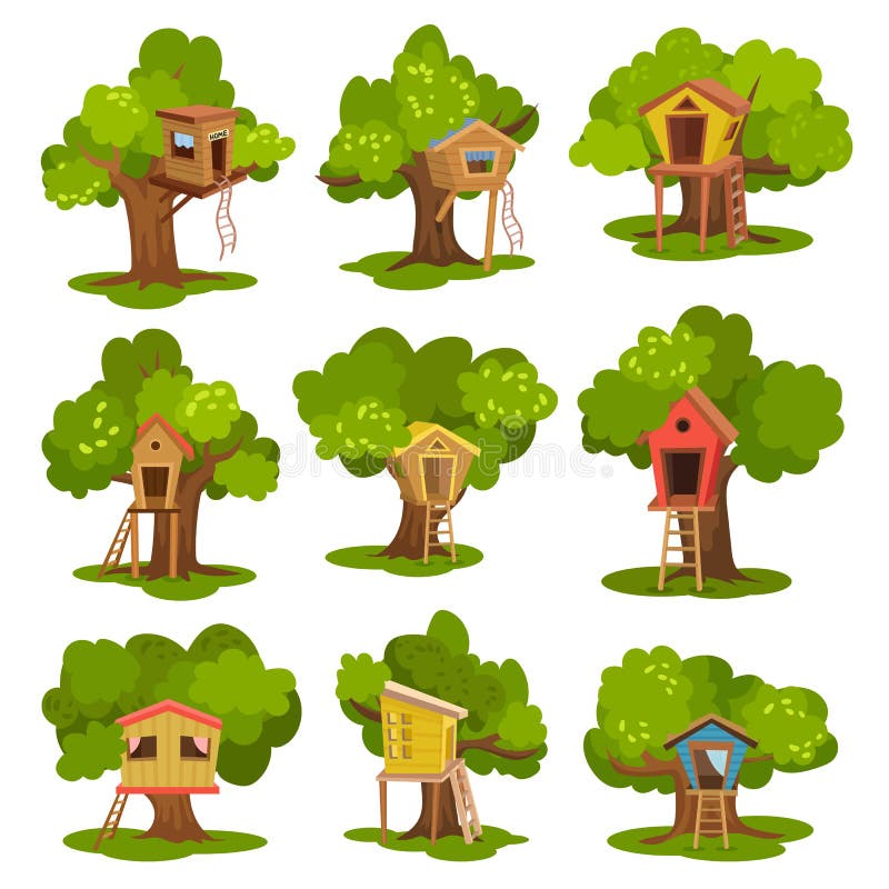 Le case sull'albero hanno messo, capanne di legno sugli alberi verdi per i bambini illustrazioni di vettore della ricreazione e d illustrazione di stock