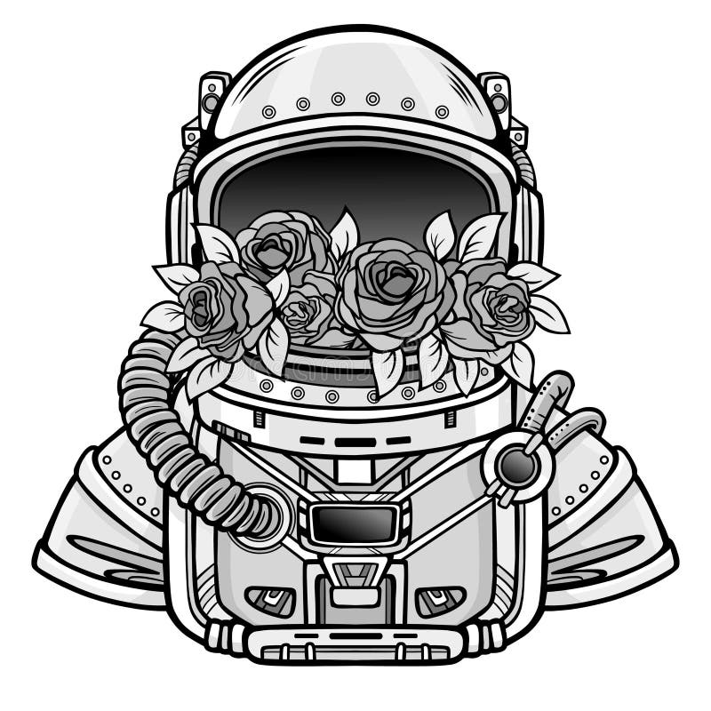 Space helmet of the astronaut is filled in flowers roses. Monochrome drawing. Vector illustration isolated on a white background. Print, poster, t-shirt, card. Space helmet of the astronaut is filled in flowers roses. Monochrome drawing. Vector illustration isolated on a white background. Print, poster, t-shirt, card.