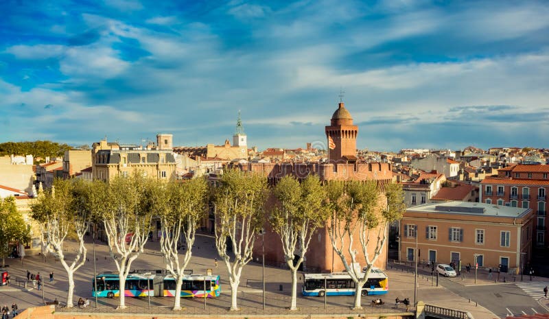 Le Castillet and the roofs of the old town within the Saint-Jean quarter in Perpignan, the capital of Catalonia, Fr royalty free stock image Le Castillet and the roofs of the old town within the Saint-Jean quarter in Perpignan, the capital of Catalonia, Fr royalty free stock image