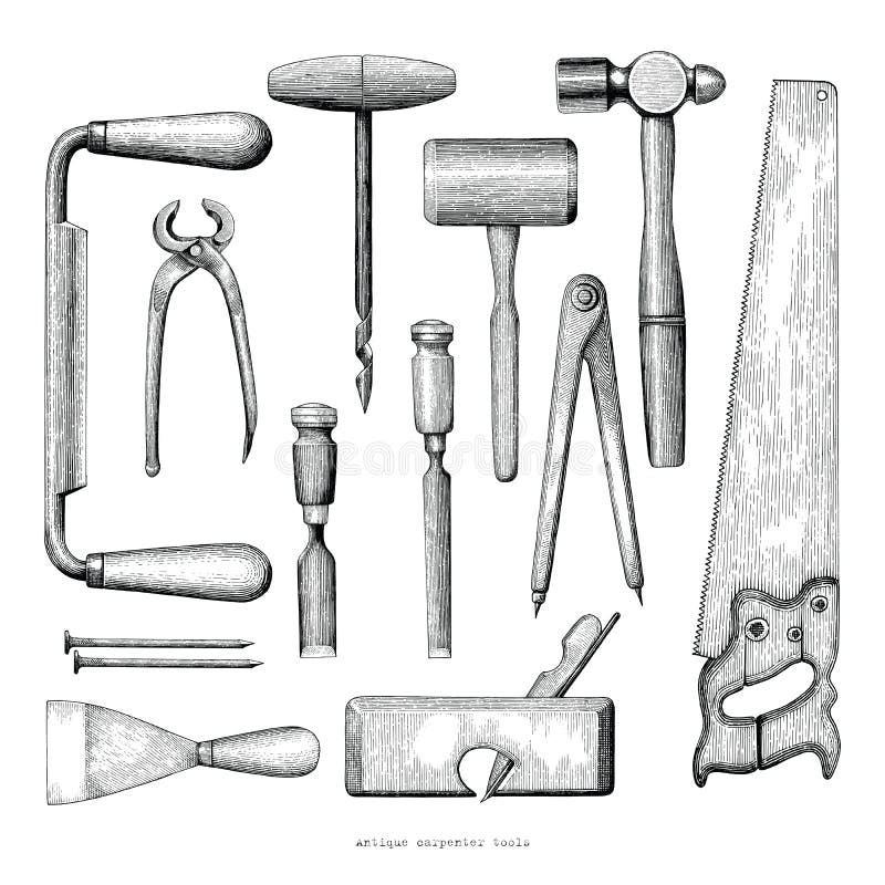 Le charpentier antique usine le style de vintage de dessin de main sur le dos de blanc illustration libre de droits Le charpentier antique usine le style de vintage de dessin de main sur le dos de blanc illustration libre de droits