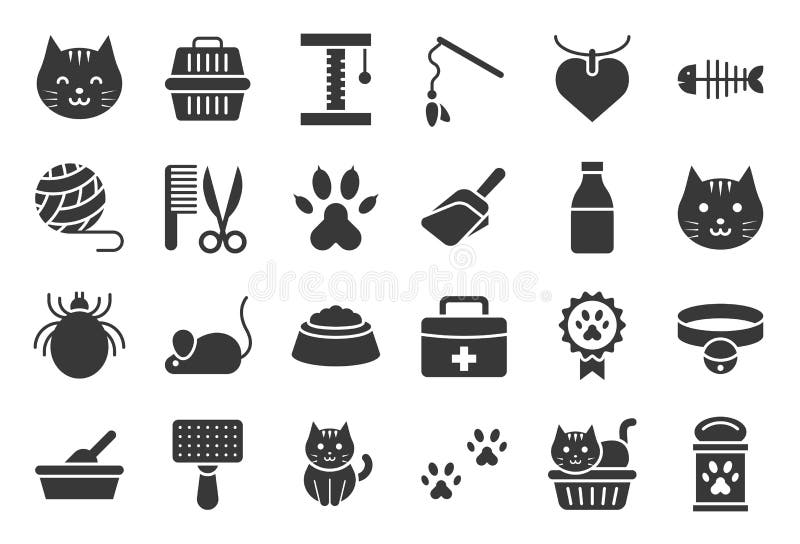 Cute cat related icon such as cat litter box and toy, fish, solid design. Cute cat related icon such as cat litter box and toy, fish, solid design